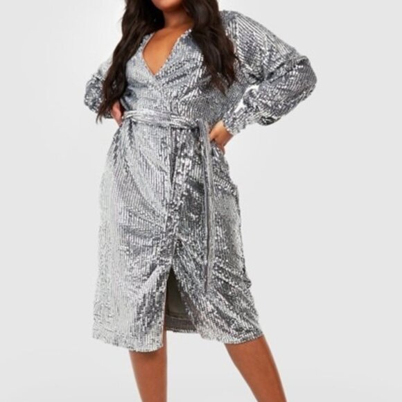 Boohoo Plus Dresses & Skirts - Silver Sequin Wrap Dress Boohoo Plus Size 16